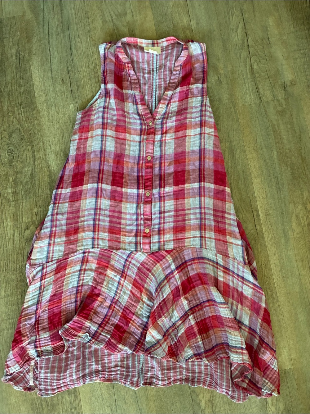 Maeve Pink Red Plaid Button-Front Dress